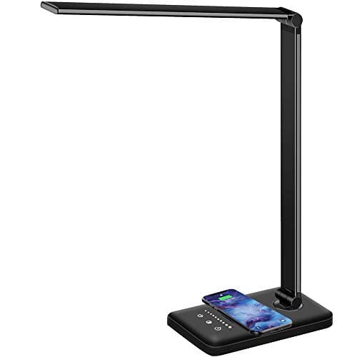 MCHATTE LED Desk Lamp with Wireless Charger, USB Charging Port, Dimmable Eye-Caring Desk Light with 5 Brightness Levels & 5 Lighting Modes, Touch Control, Auto Timer (Black)