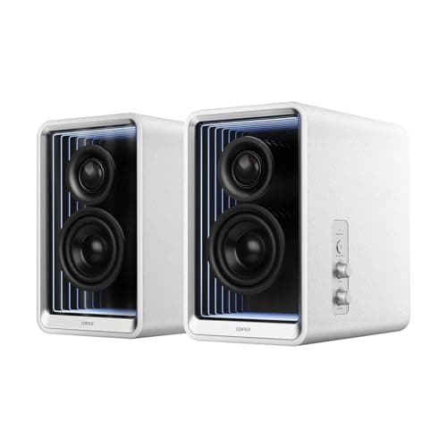 Edifier QR65 Desktop Active Monitor with 2.75" Long-Throw Aluminum Diaphragm mid-Low Drivers, Hi-Res Audio, Brilliant Light Effects, 70W Output Power Bluetooth Speakers with Stands - White