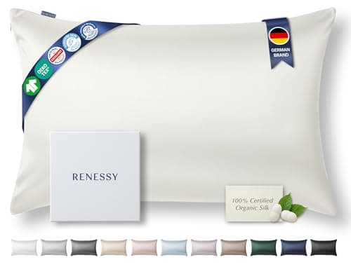 RENESSY Premium Silk Pillowcase 100% Organic Mulberry Silk, 22 Momme, Grade 6A - Oeko-Tex Certified in Germany - Luxury for Hair & Skin, 1 Piece (Standard Size 20x26 Inches, Natural Silk Off-White)