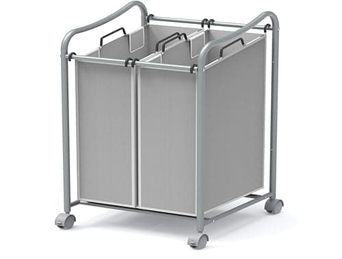 Simple Houseware 2-Bag Heavy Duty Rolling Laundry Sorter Cart, Silver – 2 Section Removable Bags and Lockable Wheels for Laundry Room Organization