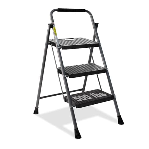 3 Step Ladder, GOLYTON Folding Step Stool with Anti-Slip Wide Pedal & Convenient Handgrip, 500lbs Capacity Steel Ladder for Household and Office, Grey