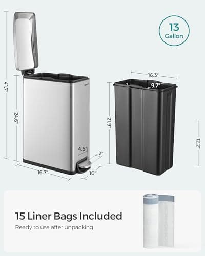 SONGMICS Slim Trash Can, 13-Gallon (50 L) Garbage Can for Narrow Spaces with Soft-Close Lid, Inner Bucket, and Step-on Pedal, Stainless Steel, 15 Trash Bags Included, Silver ULTB510E48 6