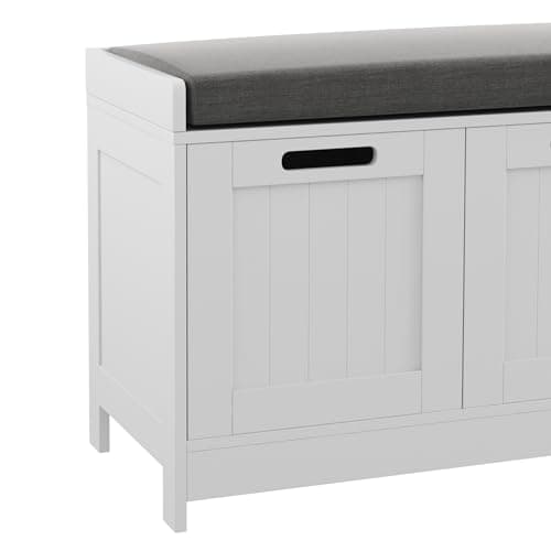 HOMEFORT Shoe Storage Bench, Wooden Shoe Bench with 3-Door Cabinets, Entry Way Home Organizer Bench, Entryway Bench with Padded Cushion Seat, White Storage Bench for Bedroom 7
