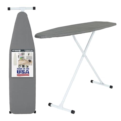 Full Size Ironing Board with Cover & Pad – USA-Made with Enhanced Grip Feet for Extra Stability – Adjustable Steel T-Legs 35" High – Perforated Top – Durable Iron Board for Home, Laundry Room, Grey