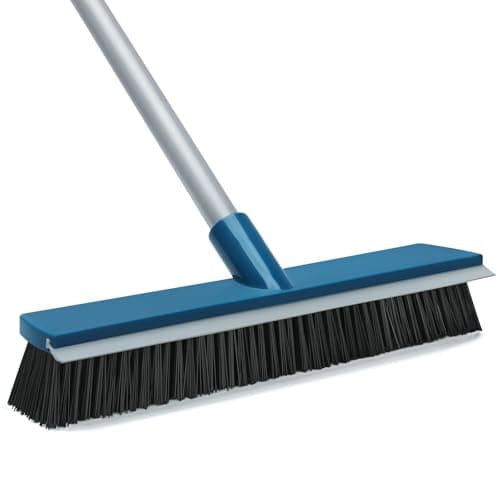 16-Inch Push Broom Outdoor with Rubber Squeegee and 58" Long Handle, 2 in 1 Commercial Broom Brush with Stiff Bristles for Deck Patio Garage Warehouse Driveway Concrete Floor Cleaning Scrubbing