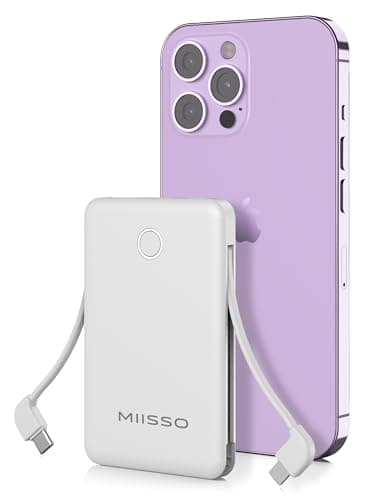 miisso 6000mah Ultra Slim Built in Cables Power Bank, Card Size Built in USB C Cords Battery Pack Portable Charger for Phones, 3 Output External Battery Pack Compatible with iPhone, Snow White