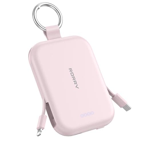 RORRY Portable Charger, 5000mAh Portable Charger Power Bank with Built-in Cables, Travel Keychain Charger Battery Pack for iPhone 17/16/15/14/13/12, for AirPods 2/3/4/Pro, Pink