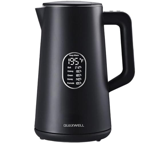 QUAXWELL 1.5L Electric Kettle Stainless Steel, Double Wall Cool Touch,Fast Boil,5 Temperature Control, LED Display, Auto Shut-Off, BPA-Free,Keep Warm Function, Ideal for Tea & Coffee (Black)