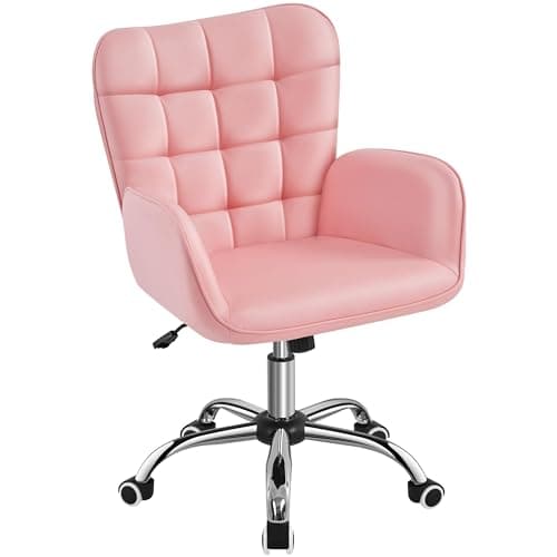 Yaheetech Modern Faux Leather Office Chair Ergonomic Adjustable Vanity Makeup Chair with Padded Armrests Big Seat for Office, Study, Home, Pink