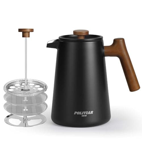 POLIVIAR French Press Coffee Maker, 34 oz Coffee Press with Real Wood Handle, Double Wall Insulation & Dual-Filter Screen, Food Grade Stainless Steel for Good Coffe and Tea, JX2025-XFPB