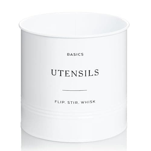 D'Lifeful Kitchen Utensil Holder for Countertop - 7" x 7" Large Utensil Holder for Kitchen Counter - Farmhouse Spatula & Cooking Tools Organizer - White Metal Crock for Modern Aesthetics 7