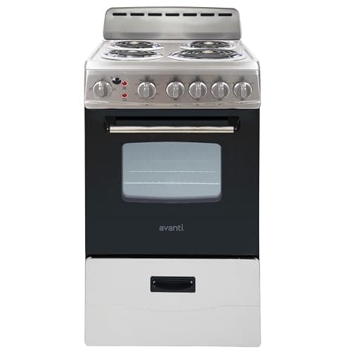 Avanti Electric Range Oven Compact Design, 2.1-Cu.Ft. Capacity with 4 Coil Burners, Framed Glass Oven Door, Storage Drawer and Broiler with Pan Perfect for Apartments, 20-Inch, Stainless Steel