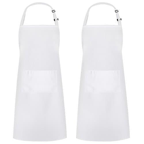 Syntus 2 Pack Adjustable Bib Apron Waterdrop Resistant with 2 Pockets Cooking Kitchen Aprons for BBQ Drawing, Women Men Chef, White
