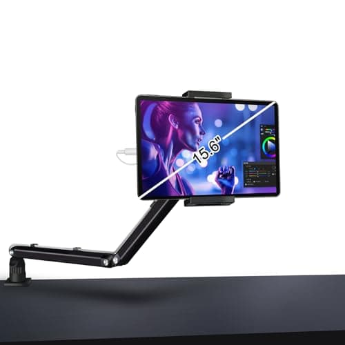 YCNEW Tablet Desk Mount for ipad, Desk Clamp Aluminum Alloy Arm Tablet Stand Holder Suitable for 4.7-15.6" and Under 3 Pound iPhone, ipad mini/Air/Pro, Kindle, Portable Monitor, Nintendo Switch(Black)