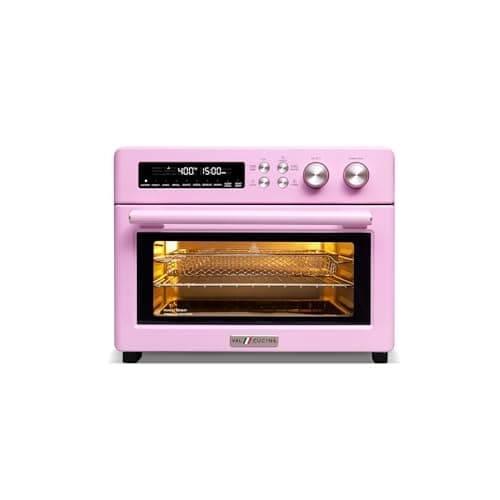 VAL CUCINA Retro Style Infrared Heating Air Fryer Toaster Oven, Extra Large Countertop Convection Oven 10-in-1 Combo, 6-Slice Toast, Enamel Baking Pan Easy Clean with Recipe Book, Classic Pink Color