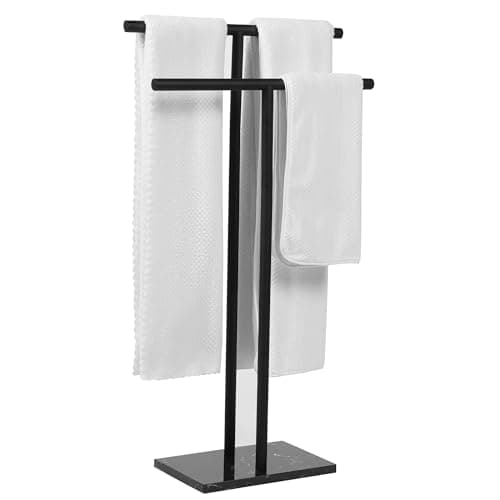 WISATO - Free Standing Towel Rack for Bathroom - Matte Black Finish - Stand Alone 2 Tier Stainless Steel Towel Rack for Bathroom Floor with Heavy Marble Base - Double T Shape Drying Stand for Towels