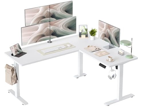 TIQLAB L Shaped Standing Desk Adjustable Height, Electric Corner Standing Desk, 63 x 55 inch Sit Stand Computer Table with Splice Board, White