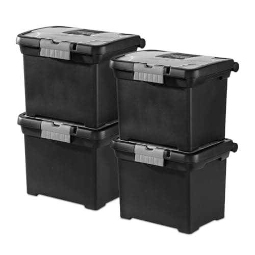 Sterilite 4-Pack Portable File Box, Stackable Container for Letter Hanging Folders, Black - Paper Document Plastic Storage Organizer with Latching Lid for Home, Office, and Dorm Organization