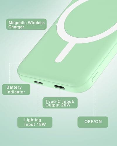 podoru for Magsafe Battery Pack, 5000mAh Magnetic Power Bank with Type-C Cable 20W PD Fast Charging Lighting Input Wireless Portable Charger for iPhone 17/16/15/14/13/12/ All Series-Green 6