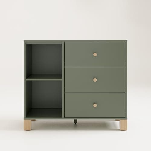 Storkcraft California 3 Drawer Combo Dresser (Olive with Driftwood) – GREENGUARD Gold Certified, Interlocking Drawer System, Pre-Installed Drawer Tracks for Easier Assembly, Spacious Cabinet 8