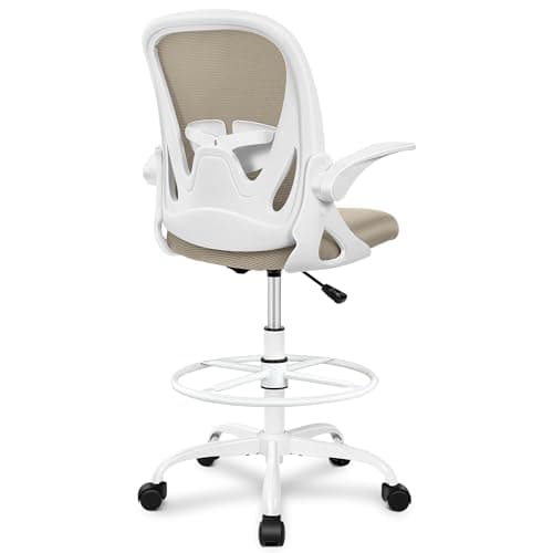 Primy Drafting Chair Tall Office Chair with Flip-up Armrests Executive Ergonomic Computer Standing Desk Chair with Lumbar Support and Adjustable Footrest Ring（Khaki）