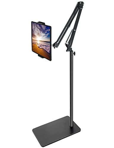 BluuSuuk Tablet Floor Stand with Double Weight Base, Overhead Bed Phone Mount Height Adjustable Arm Stretchable Stand Holder, Compatible with iPad Mini Air Pro, Galaxy Tab, Kindle, Switch, Cell Phones