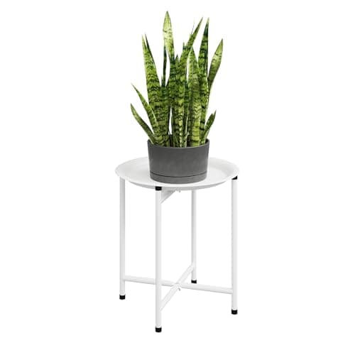 Bamworld Corner Plant Stand Indoor Outdoor, Round Metal Flower Stands for Large Plants, Heavy Duty Plant Table for Patio Garden Balcony Living Room Bedroom, White