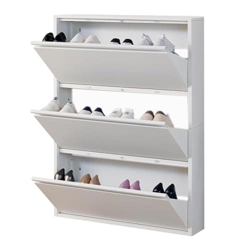iCHENGGD Shoe Storage Cabinet with 3 Flip Drawers, Hidden Slim Narrow Shoe Rack Cabinet, Wall Mount Metal Shoe Cabinet for Entryway, White