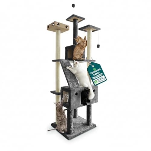 FurHaven 69.3" Tall Cat Scratching Post Tower for Indoor Cats, Sisal Cat Tree with 2 Condos, Tiger Tough Double Decker Playground, Toys & Perches for Cats, Sisal, Silver Gray