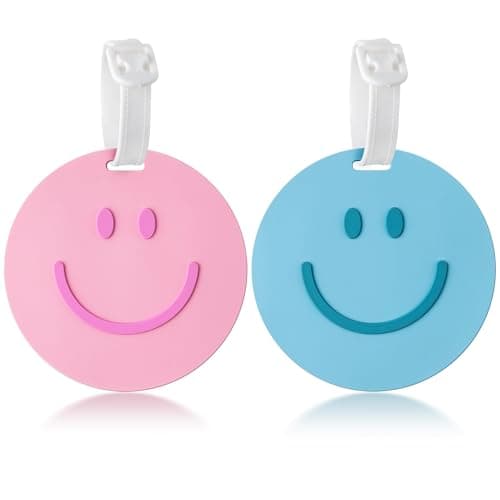 FFyhiinski Preppy Smile Luggage Tags - 2 Happy Smile Face Luggage Tags for Suitcases, Round Funny Face Silicone Baggage Backpack Label Travel Personalized with Name ID Card Trunk Label for Girls Women