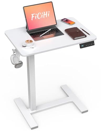 FiCiHi Small Electric Standing Desk - Adjustable Height Bedside Laptop Table with Wheels, Mobile, Portable Rolling Computer Workstation Sit Stand Table for Home Office, Sofa, Couch Use (24x16, White)
