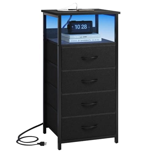 Fixwal Night Stand with Charging Station, Tall Nightstand with U-S-B Ports and Outlets, 4 Fabric Storage Drawers with PU Finish, Small Dresser Bed Side Table, Black