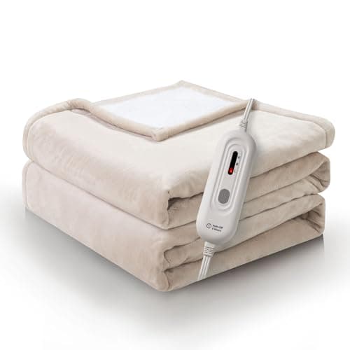 FluffyWarmth Electric Heated Blanket Full Size,72"X84" Electric Blanket with 3 Heating Settings,8 Hours Auto Shut Off, Soft Flannel and Sherpa for Bed Use, Beige