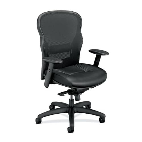 HON Wave High Back Leather Ergonomic Office Chair Lumbar Support with Adjustable Arms, Breathable Mesh Ergonomic Desk Seat for Computers, Office, 360° Swivel Synchro-Tilt, Black