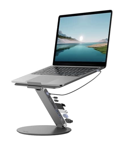 KU XIU Adjustable Laptop Stand with 8 in 1 USB C Hub, Foldable Portable Computer Notebook Stand with 360° Rotating Base, Riser Holder Mount for All 10-17" Laptops (Gray)