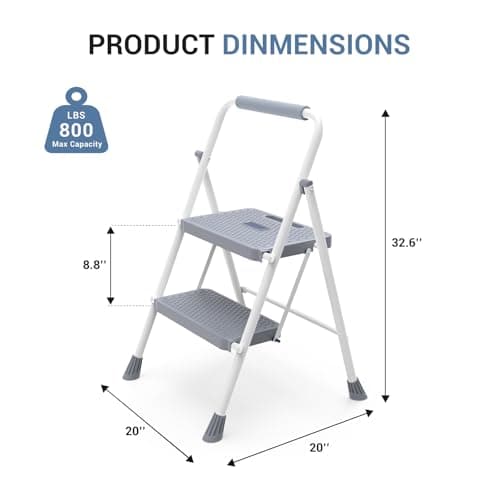 DUMOS Step Ladder, 2 Sturdy Step Stool with Anti-Slip Pedal & Comfortable Handrail, Portable Heavy Duty Step Stool for Kitchen, Garage & Outdoor Use, 800lbs, Grey 7