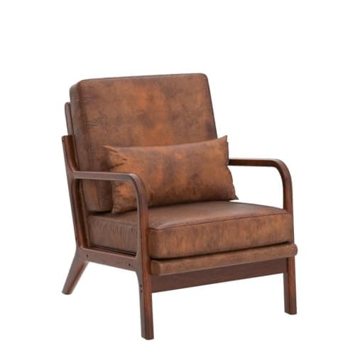 Mid Century Modern Accent Chair Set of 2 Living Room- Comfy Solid Wood Arm Chair with Lumber Pillow Lounge Decorative Brown Leather Office Side Chair Bedroom Reading Nook Sillas De Sala Microfiber 5
