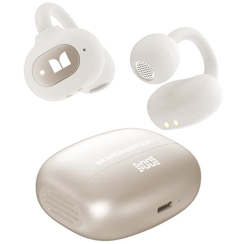 Monster Open Ear AC339 Earbuds, Bluetooth 6.0 Earphones Stereo Sound, Open Ear Clip Wireless Earbuds 40 Hours Playback, with Smart Digital Display Design, Touch Control, IPX6 Waterproof,Beige