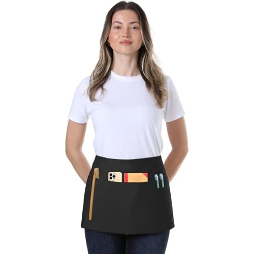 TOSHE Waist Apron with 3 Pockets Waterdrop Resistant Premium Cotton Waitress Apron 10 Color Option Server Apron Chef Apron (Black)