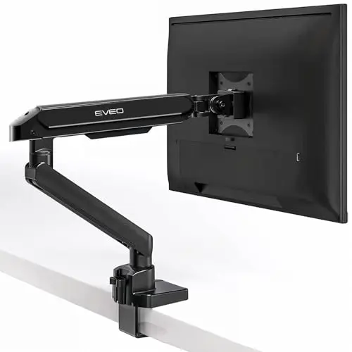 EVEO Premium Single Monitor Arm 14"–34", Adjustable Gas Spring Monitor Mount, Single Arm Desk Mount for 34 Inch Computer Screens, VESA Compatible Stand with Clamp and Grommet Base – Black