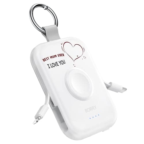 RORRY Portable Charger, 5000mAh Portable Charger Power Bank with Built-in Cables, Travel Keychain Battery Pack for Apple Watch Ultra/11/10/9/8/7/6/SE, iPhone Air/17/16/15/14/13/12, Mom-White