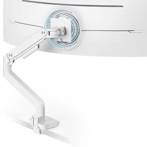 ARES WING Ultrawide Monitor Arm White for 17 to 49 Inch Heavy Duty Curved Screen, Holds 44 Lbs, Adjustable Gas Spring Monitor Arm Desk Mount with C Clamp, Grommet Base, 75/100 Vesa Mount