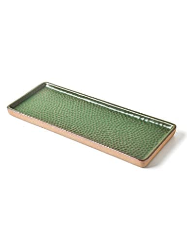 Vanity Tray with Brown Trim, Candle and Bathroom Organizer, Perfume Holder, Decorative Countertop Tray for Dresser, Table, Home Decor, Rectangular, Green, 12"4.7"