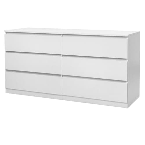 Karl home 6 Drawer White Dresser for Bedroom, Wood Dresser with Deep Drawers, Long Dresser with Cut-Out Handles, 55" Wooden Dresser with Large Storage, Double Dresser Chest of Drawers