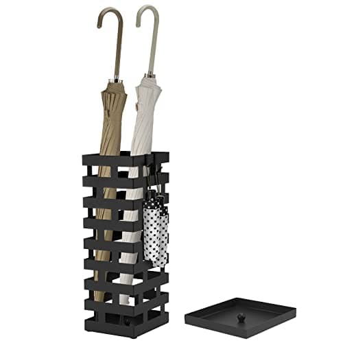 Tudomro Umbrella Stands for Entryway Large Metal Umbrella Holder 6.3 x 5.5 x 16.5 Inches with Removable Water Tray and Hooks Decor Freestanding Rectangular Hollow Rack for Home Office(Black)