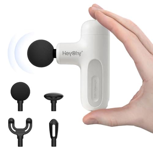 HEYCHY Super Mini Massage Gun Deep Tissue, Handheld Muscle Massager with 4 Heads, Percussion Travel Size Massager Gun for Men & Women Back Pain Relief, Quiet for Home, Gym, Office, White