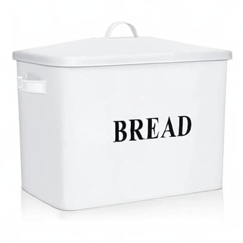 E-far Bread Box, Metal Bread Box with Lid for Kitchen Countertop, Large Bread Bin Holder Storage Container - 13" x 9.8" x 7.3" - Holds 2+ Loaves, Modern Farmhouse & Vintage Style - White 8