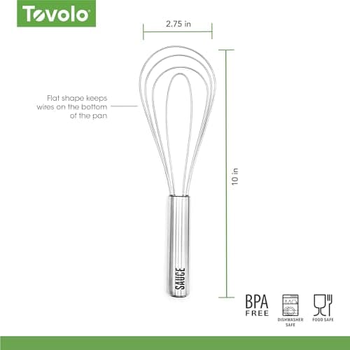 Tovolo Flat Whisk Stainless Steel 10” Gravy Whisk for Sauces Roux Batters, Large Kitchen Classic Dishwasher Safe Flat Bottom Whisker for Cooking Blending Mixing Stirring Whipping Beating Whisking 7