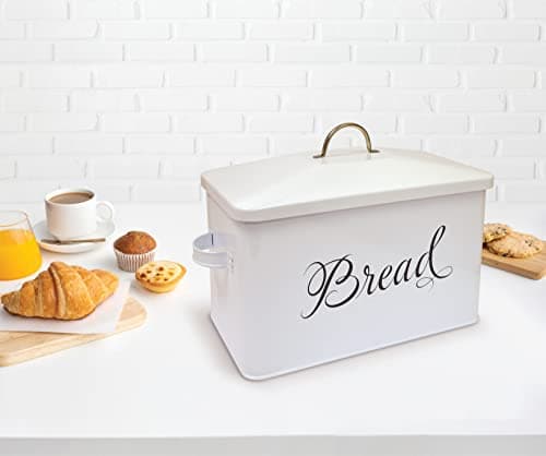 Better Kitchen Products Classic Metal Bread Box with Side Handles, Large Capacity (2 Bread Loaves), Farmhouse Bread Bin for Kitchen Countertop, Steel Bread Storage Container with Lid, White 6