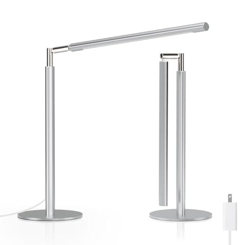 ALFELE Metal Desk Lamp for Home Office - 16'' Foldable LED Desk Light for Reading, 4 Color Temps, 15W 1200Lm Dimmable Table Lamp with Flexible Arm, Task Lamp for College Dorm Study Painting, Silver